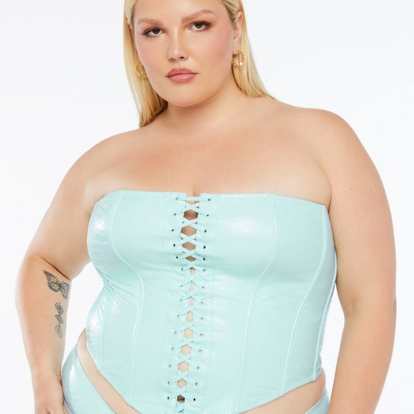 Savage X Fenty Queen of the Galaxy Croc Embossed Corset Size 1X Blue Light Color